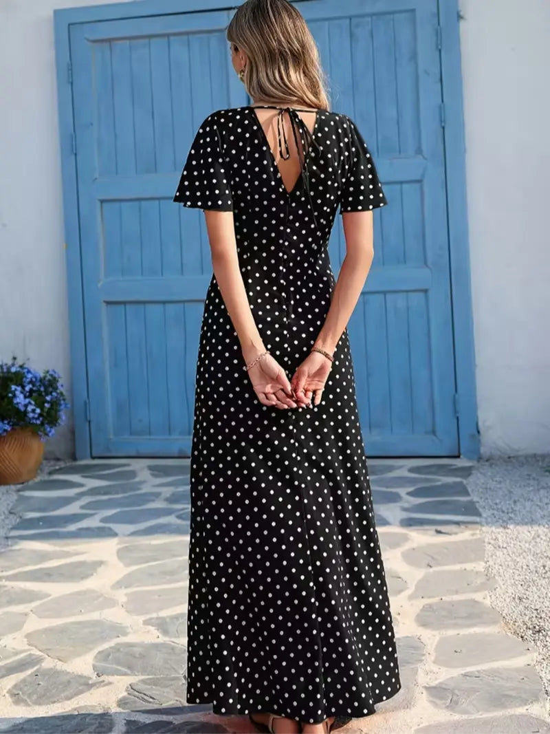 Abito lungo da donna bohémien con scollo a V e maniche corte, stile casual a pois per le vacanze, nuova moda europea e americana