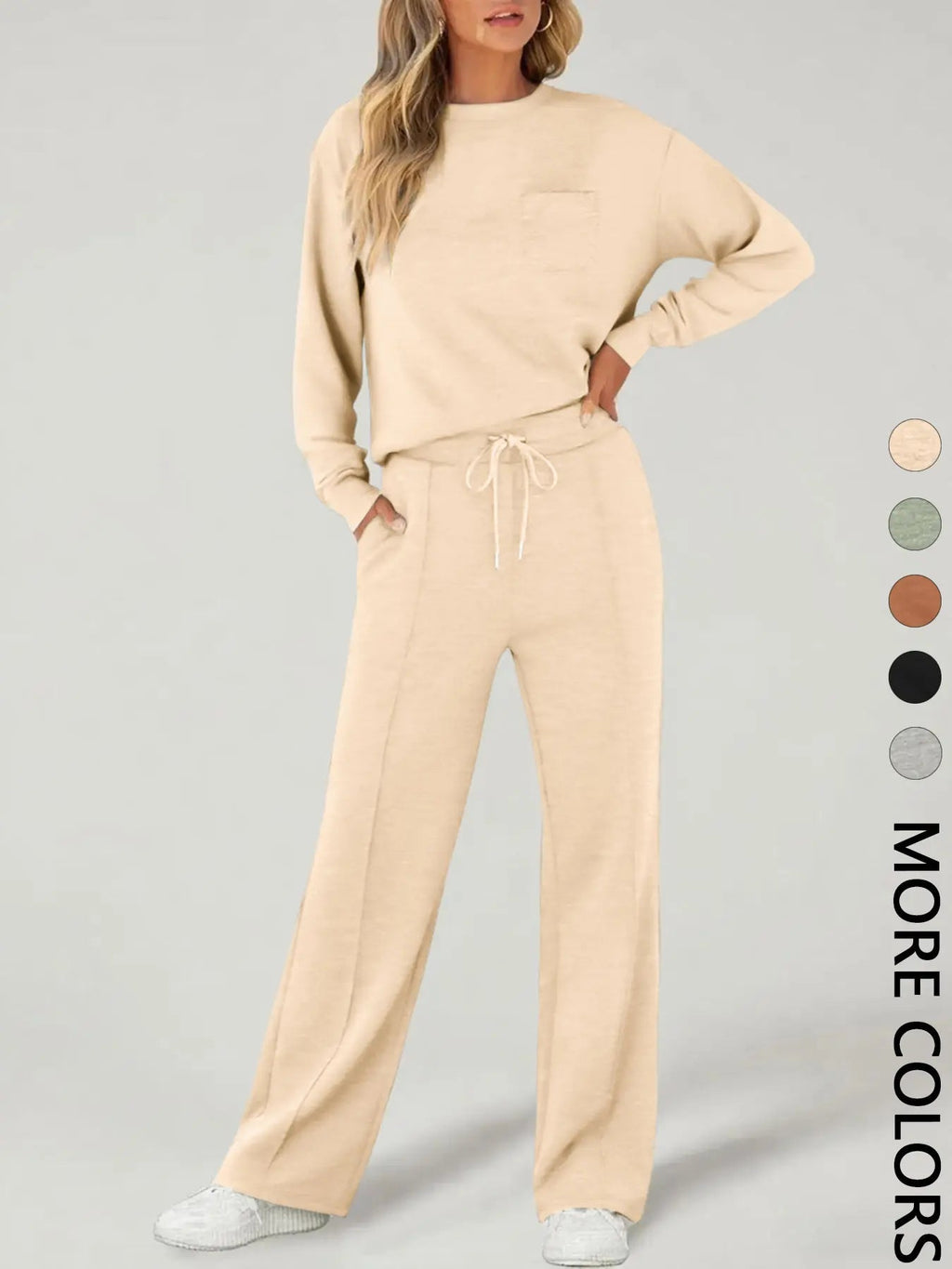 Set sportivo casual da donna 2 pezzi manica lunga con tasche, elegante completo atletico a gamba larga per tutte le stagioni, moda comoda e aderente