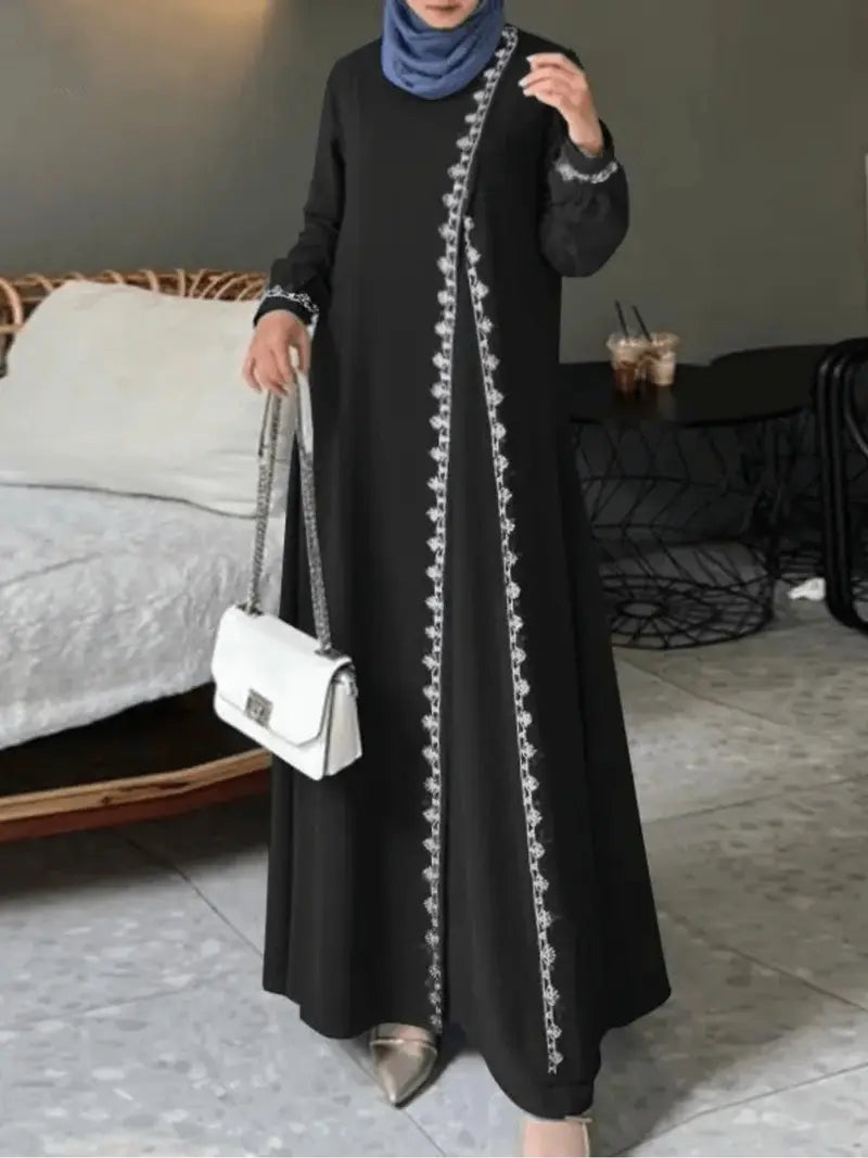 Abito da donna a maniche lunghe, girocollo, tinta unita, casual, stile vestaglia elegante con bordo in pizzo, perfetto per l'uso quotidiano e le occasioni speciali
