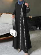 Abito da donna a maniche lunghe, girocollo, tinta unita, casual, stile vestaglia elegante con bordo in pizzo, perfetto per l'uso quotidiano e le occasioni speciali