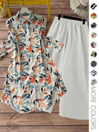 Set Due Pezzi da Donna Stampa All-Over Camicia Bottoni & Pantaloni a Gamba Larga, Top Casual a Maniche Lunghe con Colletto & Pantaloni per Uso Quotidiano, Abbigliamento Donna per Tutte le Stagioni