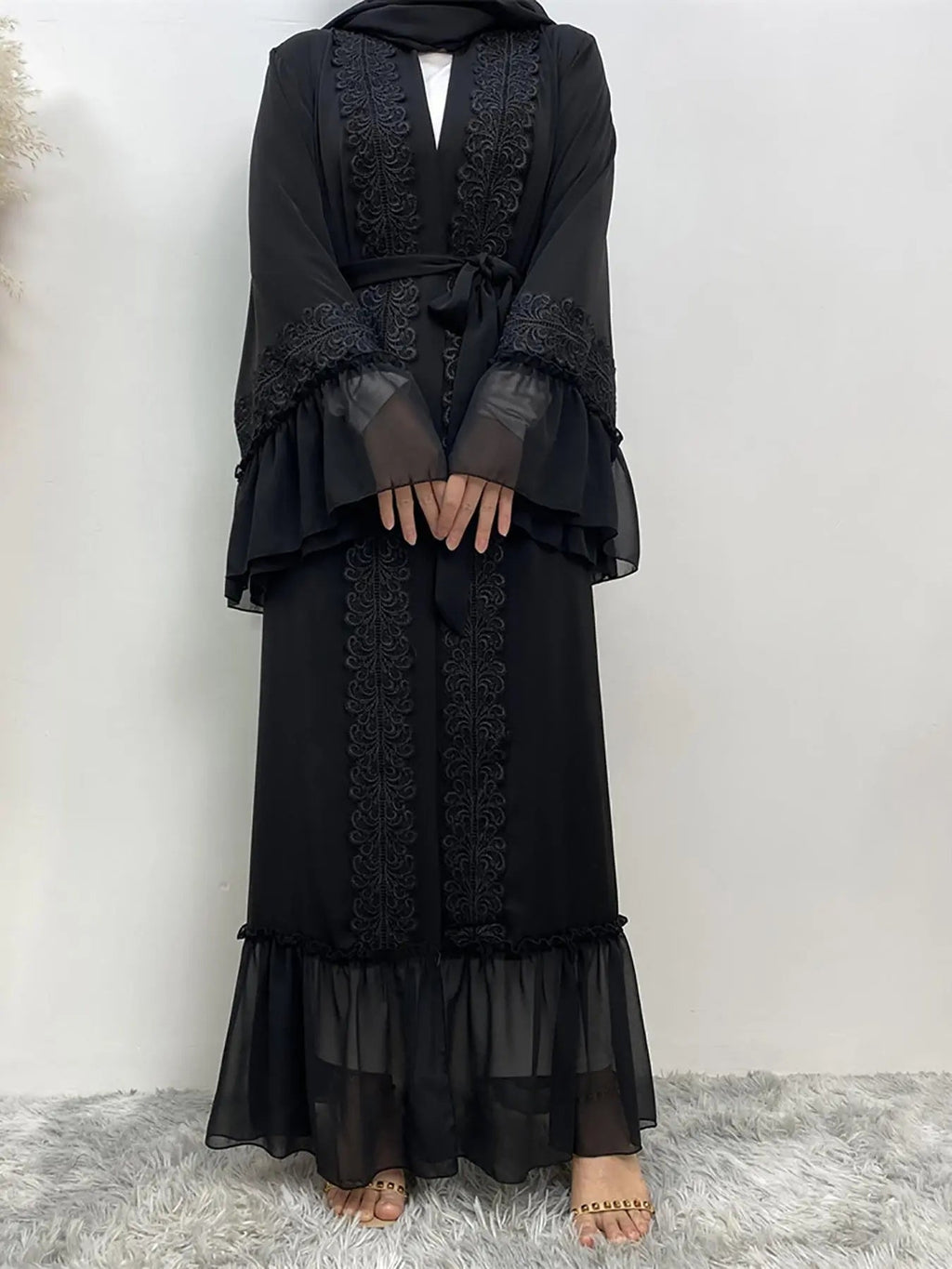 Abbigliamento Arabo - Abaya Cinghiata con Pizzo a Contrasto senza Hijab, Abiti Estivi, Abito a Maniche Lunghe con Volant alla Moda Araba, Abbigliamento Abaya Modesto per Donna, Abaya Islamica
