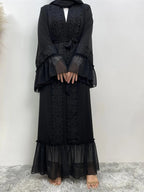 Abbigliamento Arabo - Abaya Cinghiata con Pizzo a Contrasto senza Hijab, Abiti Estivi, Abito a Maniche Lunghe con Volant alla Moda Araba, Abbigliamento Abaya Modesto per Donna, Abaya Islamica