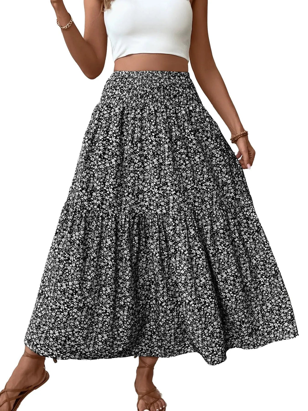 Gonna casual floreale da donna a trapezio, vita elastica con tasche, orlo a foglia, gonna lunga aderente, abito a media lunghezza alla moda
