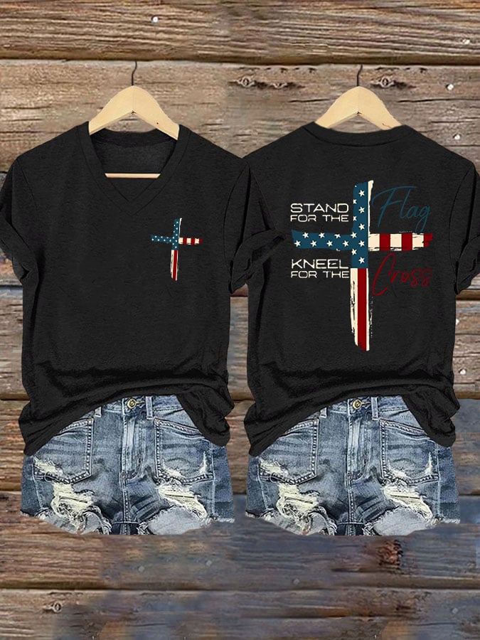 T-Shirt Casual da Donna Stampa "Stand For The Flag Kneel For The Cross"