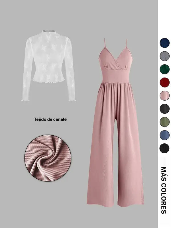 Ensemble deux pièces combishort et tee-shirt en dentelle de couleur unie pour femme, ensemble élégant et décontracté avec combishort dos zippé et haut à manches longues pour le quotidien et l'extérieur, vêtements pour femme pour le printemps et l'automne