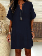 Vestito Midi da Donna a Maniche Corte con Scollo a V, Vestito Casual Chic con Spalle Scivolate e Linea ad A per l'Estate, Vestito Comodo ed Elegante