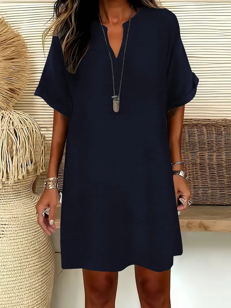 Vestito Midi da Donna a Maniche Corte con Scollo a V, Vestito Casual Chic con Spalle Scivolate e Linea ad A per l'Estate, Vestito Comodo ed Elegante