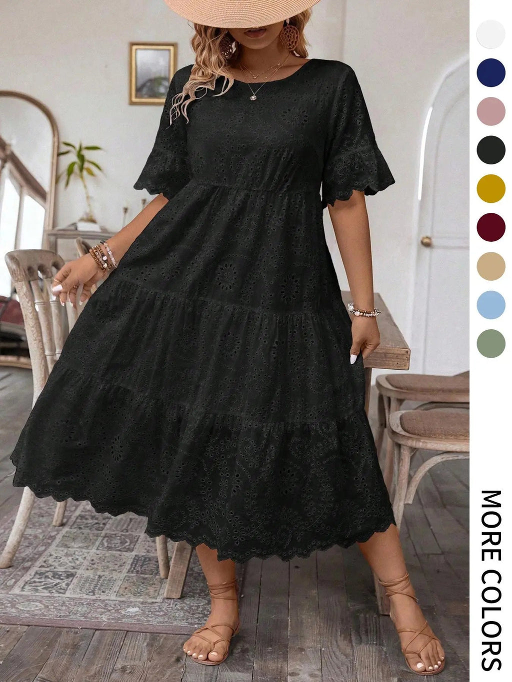[Grande Taille] Robe unie avec broderie œillets, Robe bohème à col rond pour les vacances et le quotidien – Vêtements d'été pour femmes