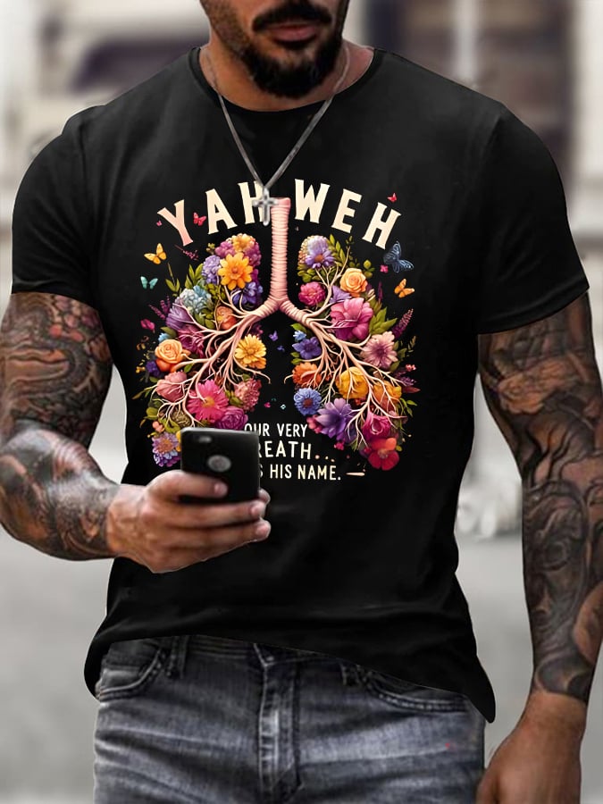 Men's Casual Short-Sleeve T-Shirt: "Every Breath Connected to Faith" Lung Cancer Awareness Print