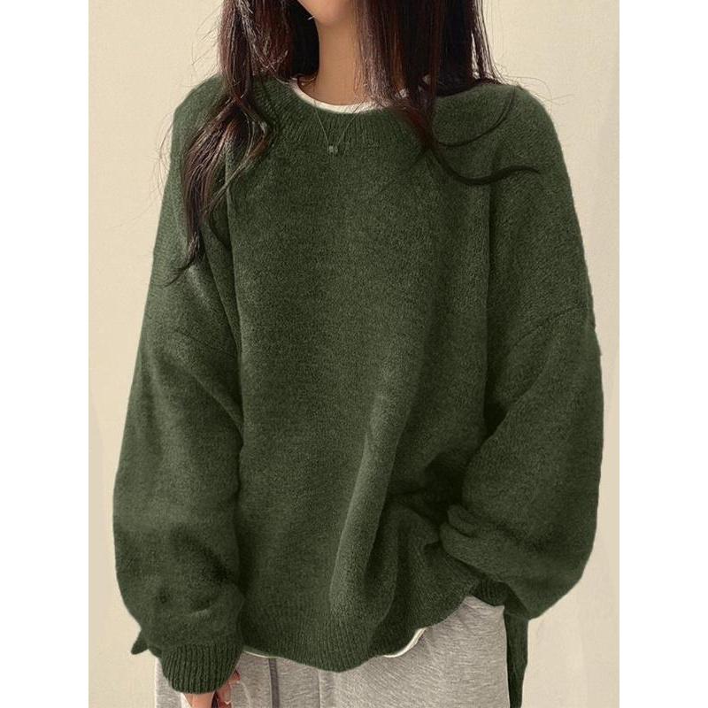 Pull femme à épaules tombantes et ourlet fendu, Pull décontracté à manches longues et col rond, Haut tricoté pour femme pour l'automne et l'hiver, Pulls pour femme