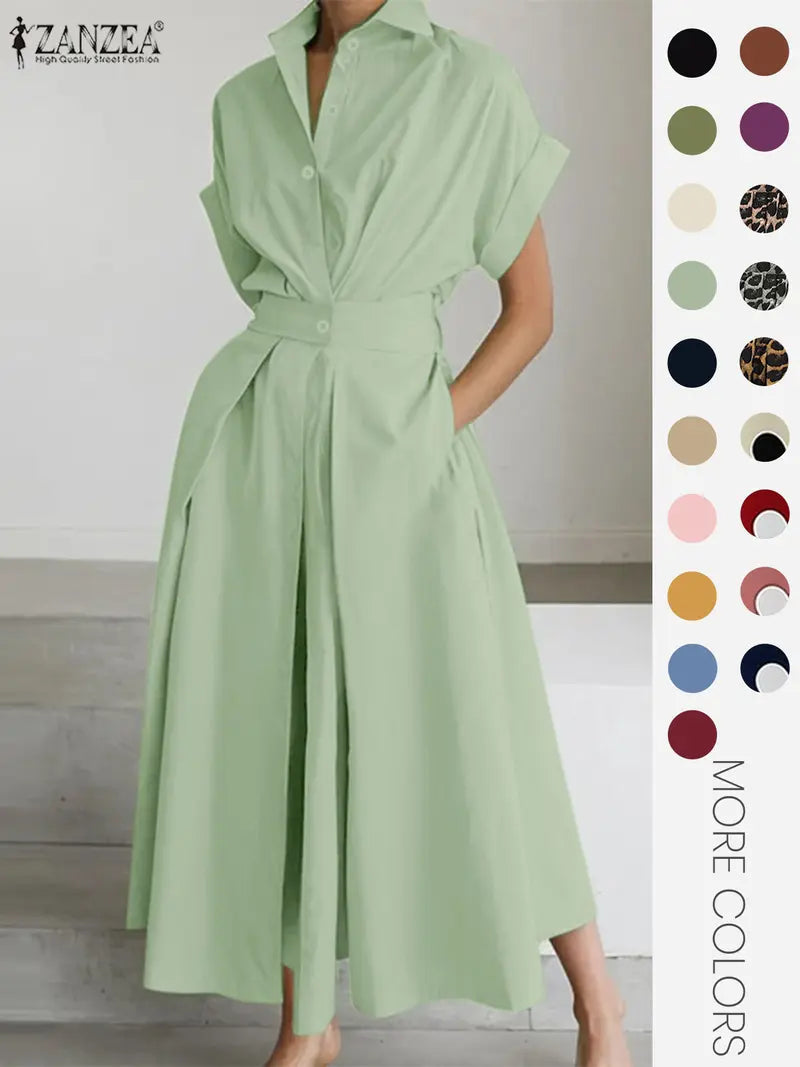 Robe unie à col pour femme, robe décontractée à manches courtes pour l'été, vêtements pour femmes pour le quotidien