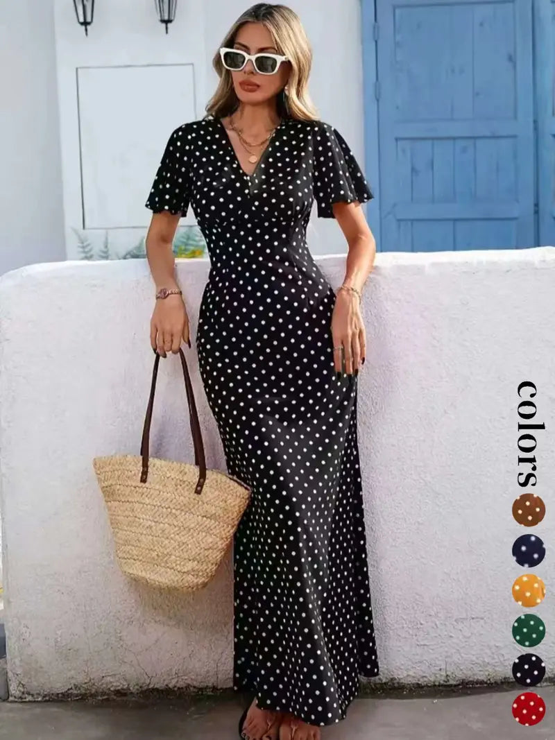 Abito lungo da donna bohémien con scollo a V e maniche corte, stile casual a pois per le vacanze, nuova moda europea e americana