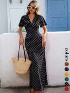 Abito lungo da donna bohémien con scollo a V e maniche corte, stile casual a pois per le vacanze, nuova moda europea e americana