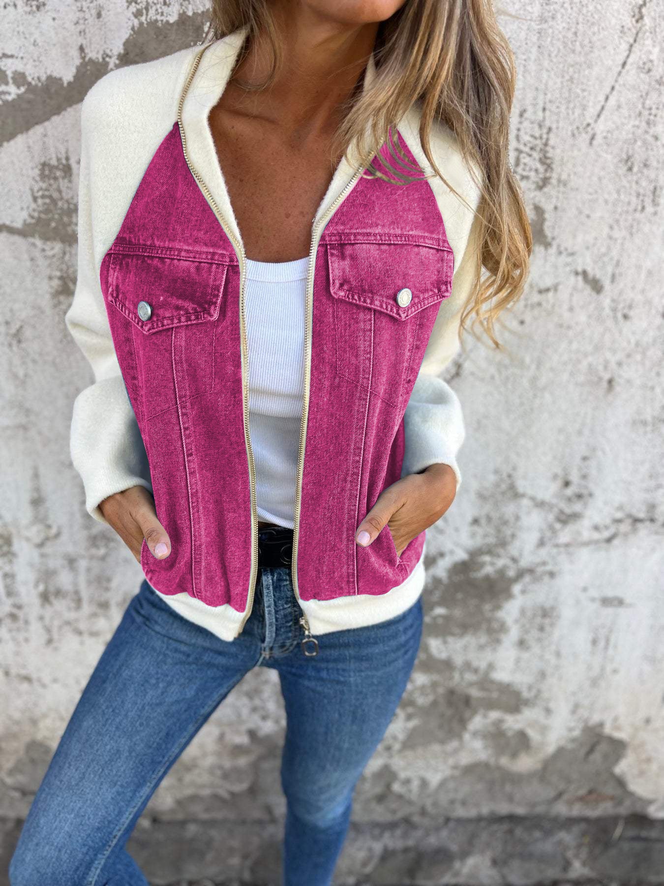 Veste zippée décontractée à col en V