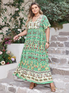 Robe longue grande taille à imprimé floral patchwork avec cravate, dentelle contrastante et ourlet à volants, robe chasuble bohème à manches papillon, vêtements d'été pour femmes pour les vacances
