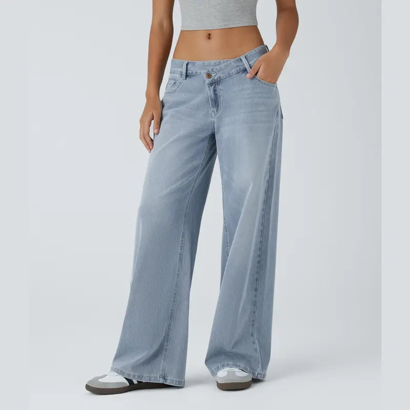 Jeans casual asimmetrici a vita bassa con tasche con cerniera, taglio ampio e slavato