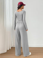 Combinaison Femme Automne Hiver en Tricot à Jambes Larges, Combinaison Décontractée Unie à Col Rond, Combinaison Polyvalente à Manches Longues