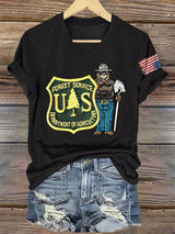 V-Neck Retro Save The Forest Service Print T-Shirt