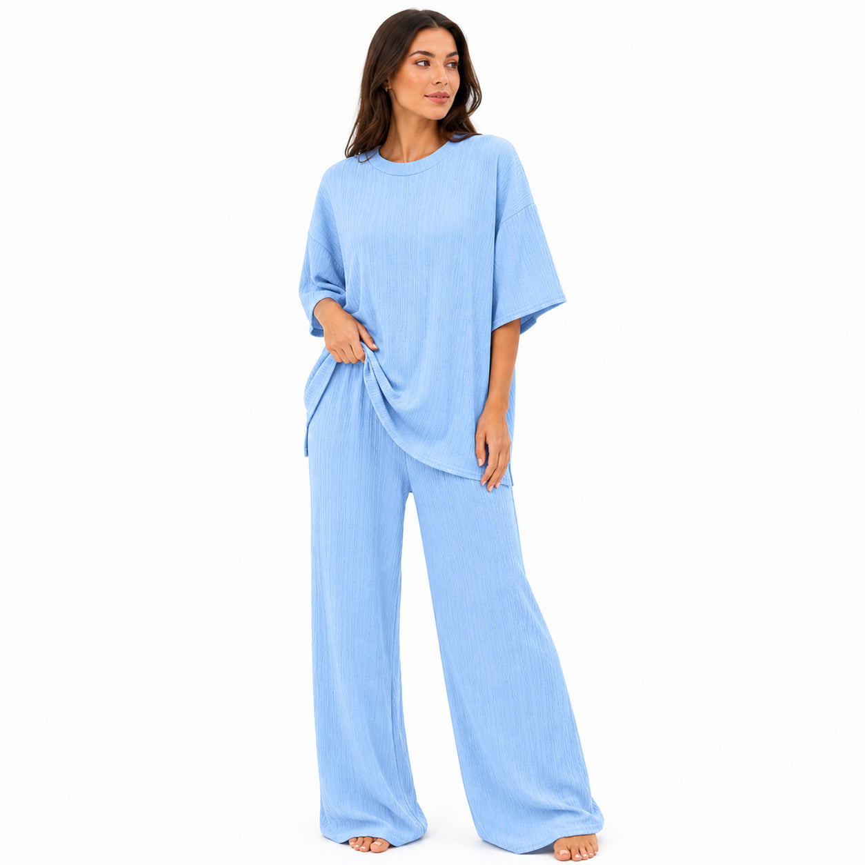 Ensemble Chic Femme Texturé – T-shirt & Pantalon Fluide
