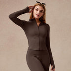 Giacca sportiva da donna con zip intera, maniche lunghe, vestibilità aderente, tessuto elasticizzato ad asciugatura rapida con fori per i pollici per corsa, yoga, palestra, allenamento, abbigliamento sportivo