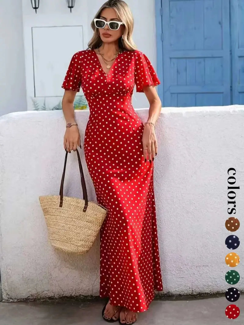 Abito lungo da donna bohémien con scollo a V e maniche corte, stile casual a pois per le vacanze, nuova moda europea e americana