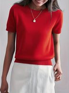 Pull en maille unie à col rond et manches courtes pour femme, tricot basique décontracté pour le printemps et l'automne, vêtements en tricot tendance pour femme pour le quotidien, prêt-à-porter féminin
