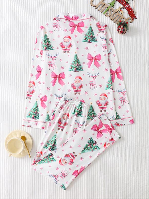 Ensemble deux pièces de pyjama pour femme, imprimé de Noël, avec chemise boutonnée à poche et pantalon à taille élastique, pyjama décontracté et confortable avec haut à manches longues et col, ensemble de pyjama pour femme, pour le printemps et l'automne