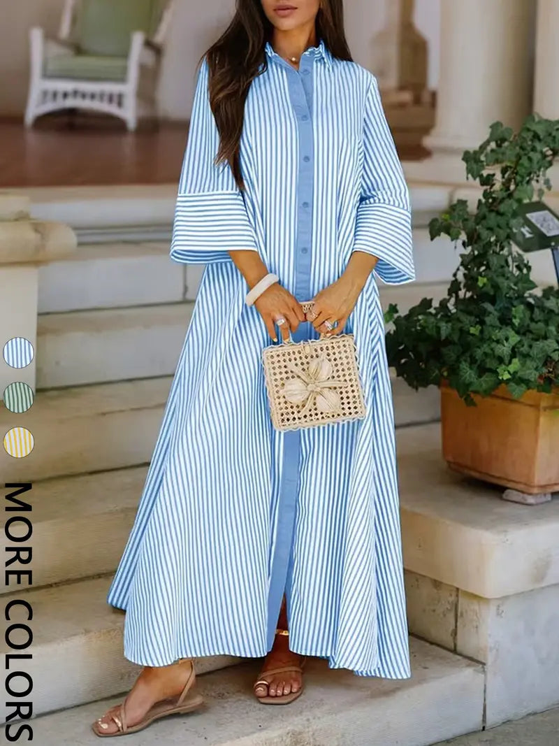Elegante Abito Camicia Donna Sciolto a Righe con Colletto e Bottoni sul Davanti