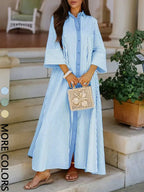 Elegante Abito Camicia Donna Sciolto a Righe con Colletto e Bottoni sul Davanti