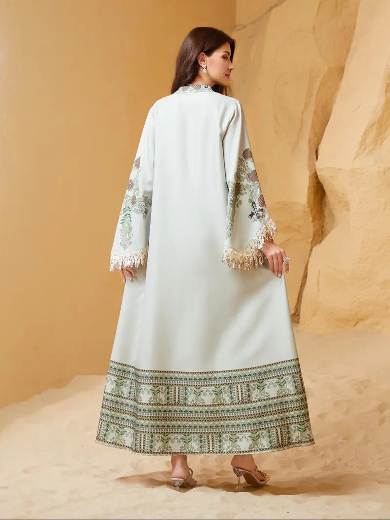 Abito lungo elegante da donna, vestibilità ampia con stampa etnica, design con lacci, adatto a tutte le stagioni, perfetto per serate ed eventi speciali