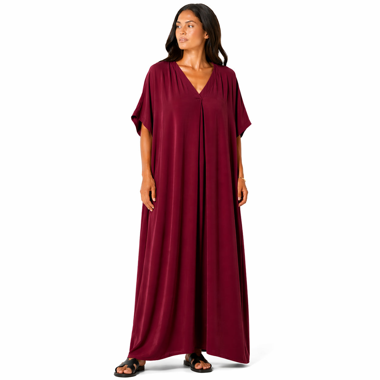 Robe longue, ample et fluide à col en V pour femme – chic et confortable pour l'été.