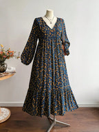 Abito Lungo Floreale da Donna Taglie Forti, Abito Lungo con Scollo a V e Lacci sul Retro e Bordo in Pizzo a Maniche Lunghe per Autunno Inverno, Elegante e Casual