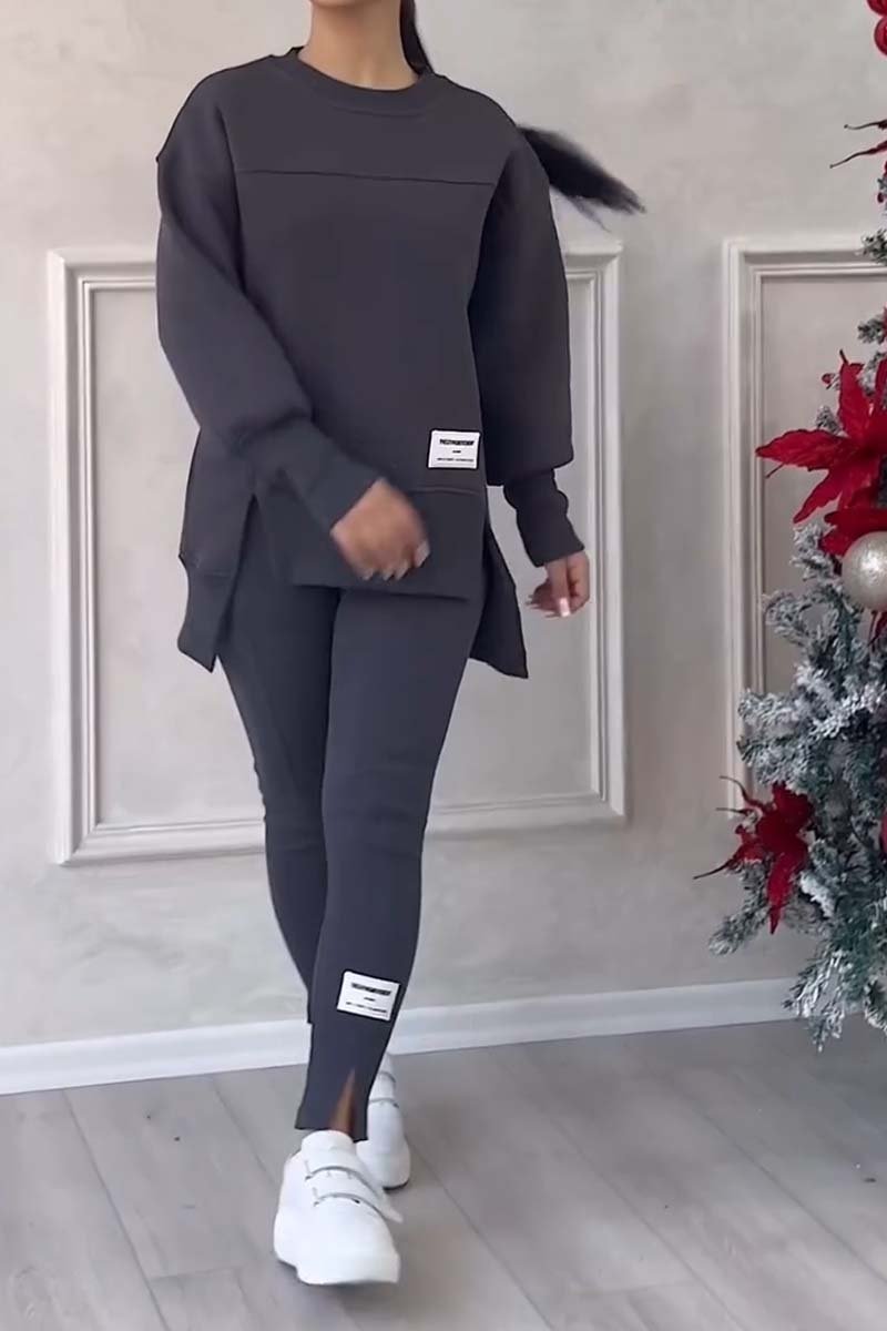 (NESSUNA STAMPA SUL RETRO) Completo da donna casual tinta unita girocollo manica lunga felpa con spacchi e leggings