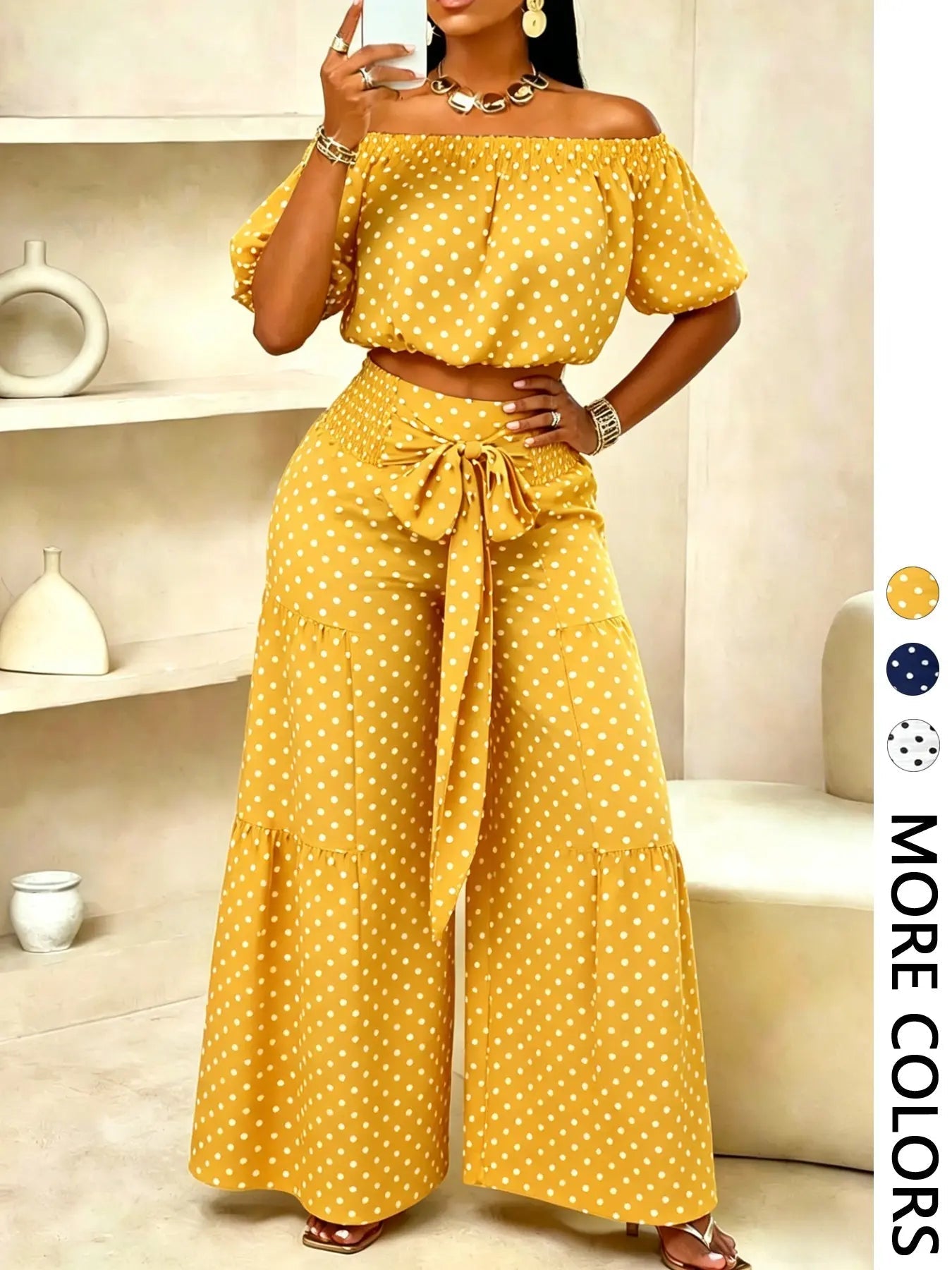 Ensemble pantalon femme couleur unie à jambes larges, haut décontracté à épaules dénudées et pantalon palazzo pour l'été, tenue de vacances à la plage pour femme.