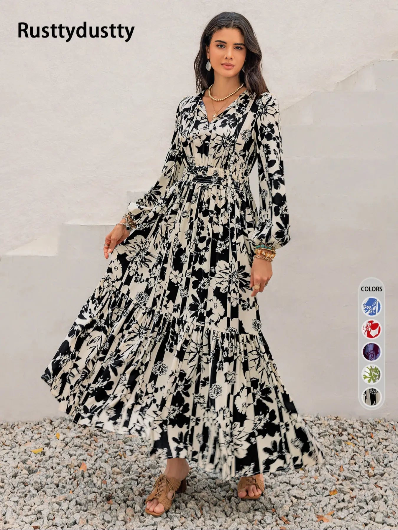 Robe bohème à imprimé floral pour femme, manches lanternes, taille ajustée à nouer, coupe ample confortable à manches longues pour l'automne et l'hiver
