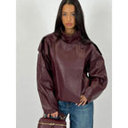 Giacca in Ecopelle Nera Collo Coreana Oversize Stile Moto Biker Orlo Elasticizzato Streetwear Casual Maniche Lunghe Impermeabile Antivento Capispalla per Primavera & Autunno, Abbigliamento Donna per Tutti i Giorni