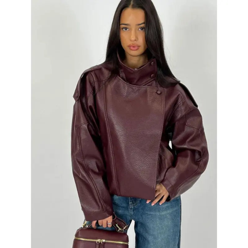 Giacca in Ecopelle Nera Collo Coreana Oversize Stile Moto Biker Orlo Elasticizzato Streetwear Casual Maniche Lunghe Impermeabile Antivento Capispalla per Primavera & Autunno, Abbigliamento Donna per Tutti i Giorni