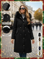 Manteau parka mi-long chaud et tendance pour femme automne-hiver, col en fausse fourrure, ceinture à cordon de serrage à la taille, coupe-vent, imperméable, résistant au froid