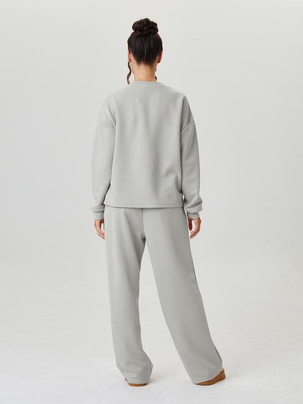 Ensemble décontracté femme, haut ample uni à manches longues et pantalon à surpiqûres apparentes