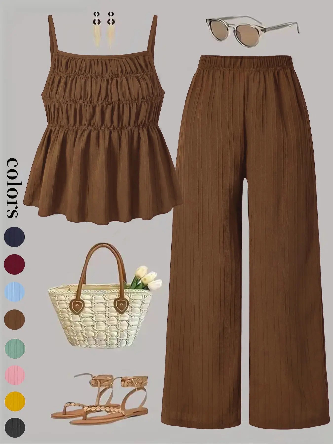 Ensemble deux pièces pour femme, caraco de couleur unie et pantalon large