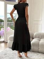 Women's Plain Shirred V Neck Fitted Dress, Elegant Chic Fashion Casual Long Dress for Daily Outdoor Wear, Women's Dress for Summer