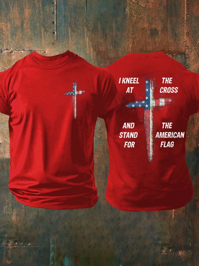 🔥Compra 3 e ottieni il 15% di sconto🔥T-shirt casual da uomo con stampa "Stand For The Flag Kneel For The Cross"