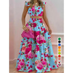 Ensemble deux pièces jupe longue et haut froncé couleur unie / imprimé floral pour femme, tenue décontractée bohème haut et jupe pour les vacances quotidiennes, pour femmes, pour l'été
