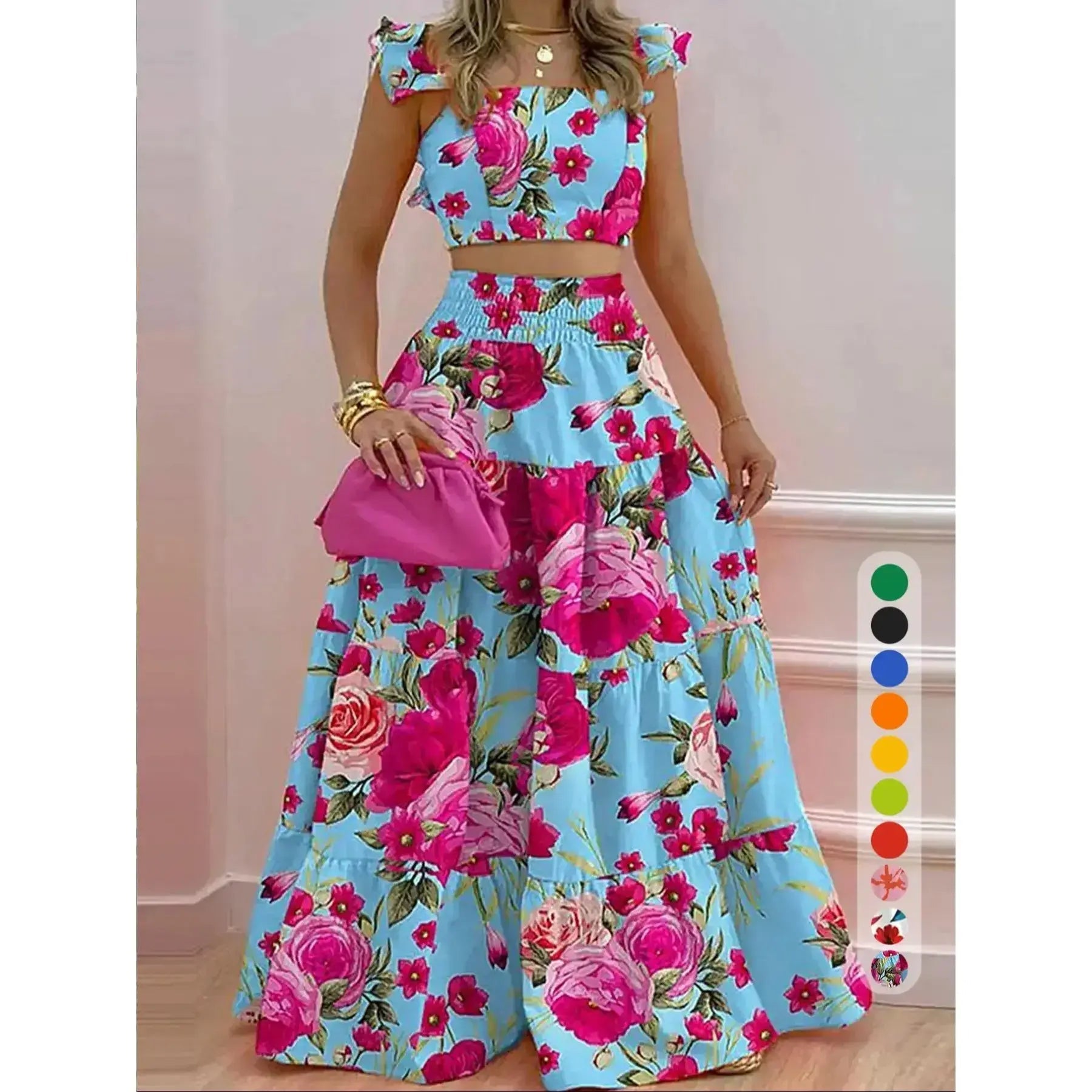 Ensemble deux pièces jupe longue et haut froncé couleur unie / imprimé floral pour femme, tenue décontractée bohème haut et jupe pour les vacances quotidiennes, pour femmes, pour l'été