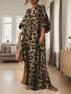 Abito lungo da donna casual boho con stampa leopardata all-over, abito lungo da strada per le vacanze, vestiti da donna per l'uso quotidiano