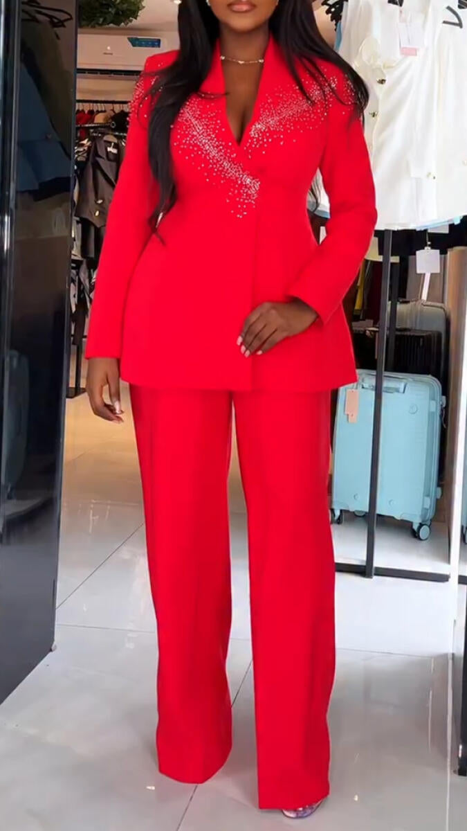Ensemble blazer à col en V et pantalon pour femme, orné de strass, idéal pour le travail.