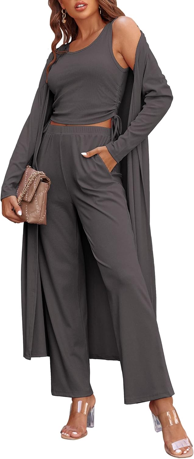 Ensemble de pyjama 3 pièces pour femme - Cardigan à manches longues, débardeur et pantalon de survêtement