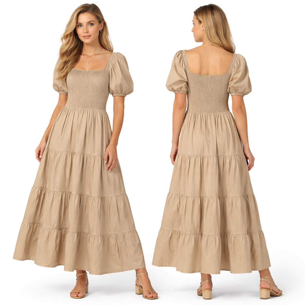 Longue robe smockée pour femme, manches bouffantes, coupe fluide à volants, style élégant pour l'été.