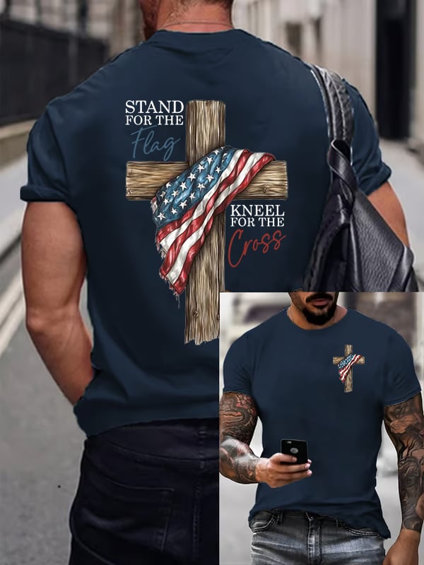 T-shirt casual da uomo con stampa "Stand For The Flag Kneel For The Cross"